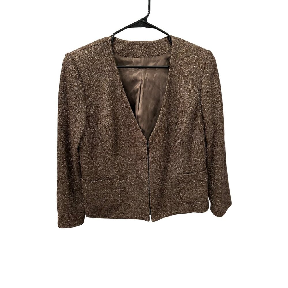 Brown Tweed Womens Blazer Jacket Lined Open Front Size M